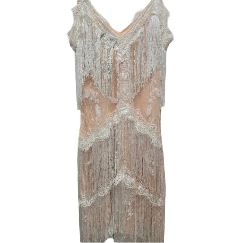 ✨2/$25 Fundaisy Fringe Lace Dress in Peach and White Flapper Party Dress - Picture 3 of 4